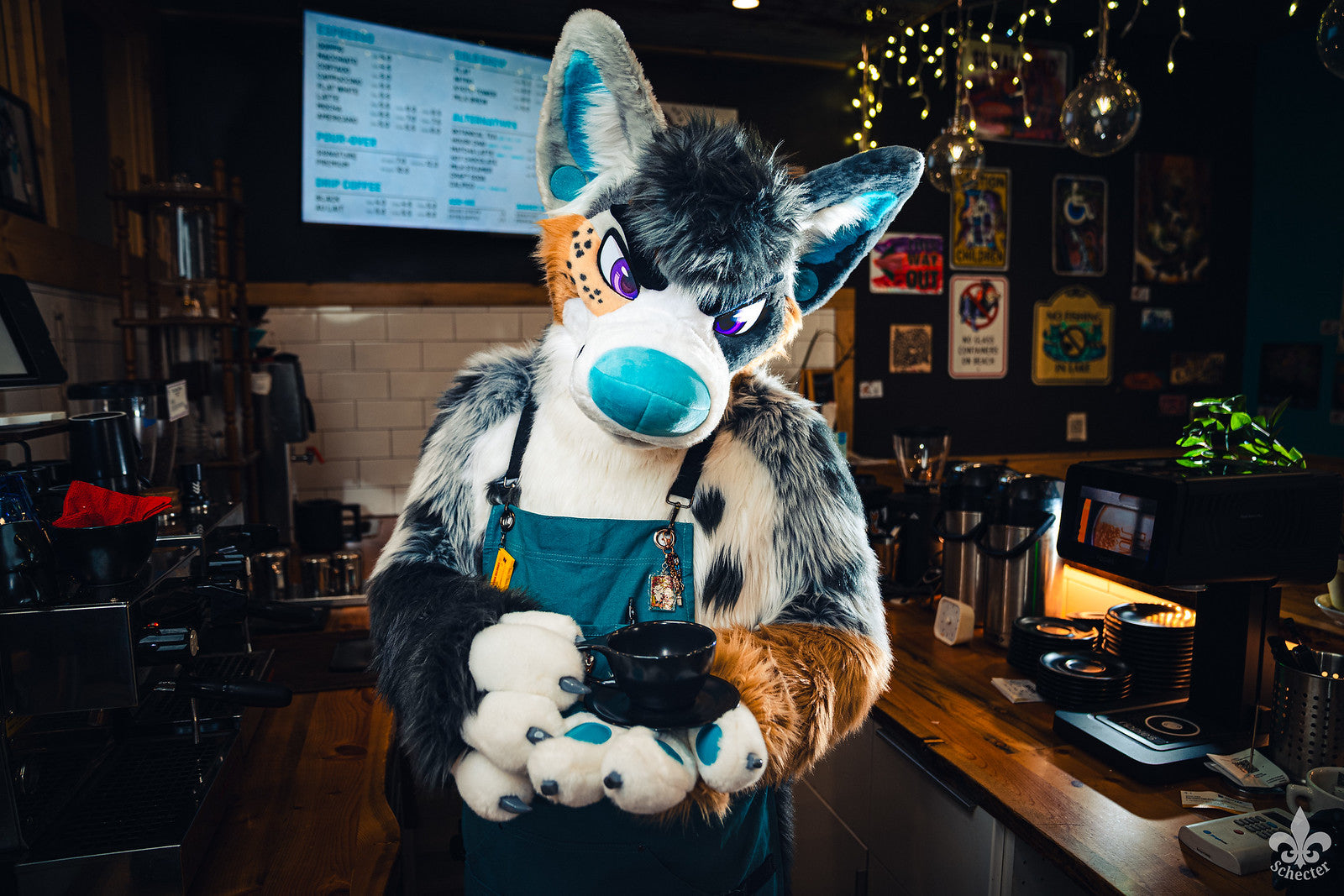 Avery holding a black coffee cup with turquoise paws in a warmly lit café.